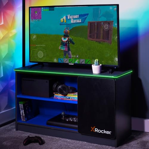 X-Rocker Carbon-Tek Black LED TV Unit 4 Shelf Modern Gloss Matte MDF Living Room Cabinet Media Stand Furniture with Customisable LED Lighting for Ambient Lighting, 42 TV Supported - GREY/BLUE