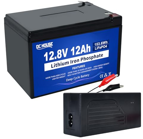 DCHOUSE Batteria al litio da 12V, 12Ah, batterie LiFePO4 con caricabatterie da 4A.DC 12V a Type-C, Oltre 4000+ Deep Cycle, ricaricabile a energia solare, perfetta per sistema off-grid, camper, allarme