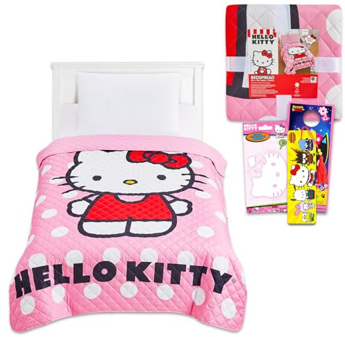 Hello Kitty Bedspread Twin Set for Kids - Bundle with Hello Kitty Quilted Bedspread for Twin Bed Plus Stickers, More | Hello Kitty Twin Bedding Set for Girls