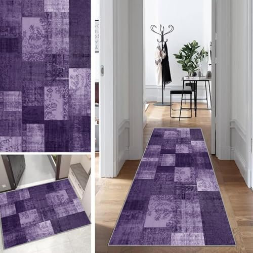 Boho Lila Läufer Flur Lang Kücheläufer Schlafzimmer Vintage Teppich Läufer rutschfest Waschbar 60x300cm Dauerhaft Läuferteppich Flurläufer Korridor Polyester Meterware