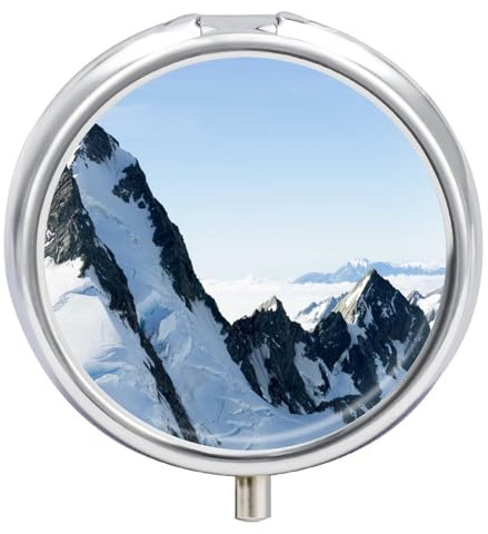 Storage Box Snow Mountain Pill Box 3 Grids with Mirror Portable Round Moisture Metal Distributor Unique Gift