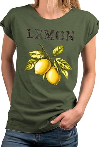MAKAYA Damenshirt mit Zitronen Motiv Kurzarm Top Frauen Oberteil mit Zitronenprint Damen Shirt