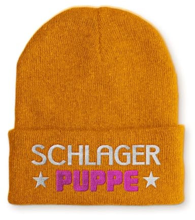 tshirtladen Beanie Schlager Puppe Wintermütze Mütze mit lustigem Spruch, Farbe: Mustard