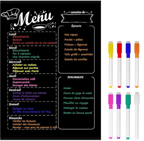 MoKo Lavagna Magnetica per Frigorifero, Lavagna Settimanale Francese da Cucina 40 x 30 cm Menu Appunti Data con 8 Pennarelli Colorati Lavagnetta Promemoria Magnete Frigo Scheda per Casa Ufficio - Nero