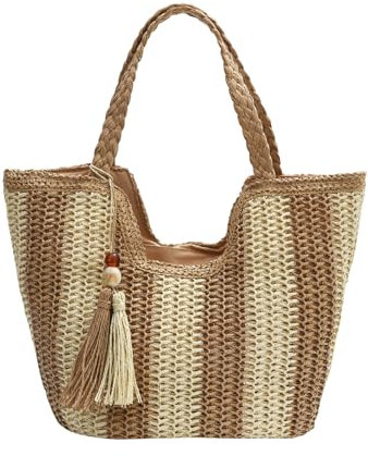 HuiYStar Große Stroh-Strandtasche für Frauen Sommerreise geflochtene Umhängetaschen für Berufung, beige