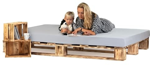 Lermowood Palettenbett M1 aus Holz 220 x 200 cm Geflammt mit Lattenrost Holzbett 20cm Stabiles Seniorenbett Kinderbett Jugendbett Gästebett erhöhtes Einzelbett Bettgestell Futonbett Komforthöhe