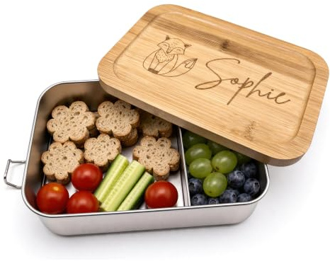 Brotdose personalisiert mit Namen & Tiermotiv – Edelstahl Lunchbox mit Bambusdeckel für Kinder – 1400 ml Bento Box mit Trennwand, auslaufsicher & BPA-frei – Geschenk Geburtstag, Weihnachten & Schule