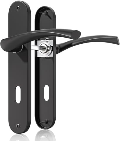 Bwintech 1 jeu de poignées de porte noir mat avec trou de serrure, distance de 195 mm entre les trous de vis, espacement de 70 mm entre les trous de serrure, convient aux portes intérieures.