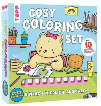 Cosy Coloring Ausmalset - Einfach niedlich ausmalen: 23 x 23 x 3,5 cm, Ausmalbuch mit supersüßen Ausmalmotiven (22,7 x 22,7 cm, 80 Seiten) und 10 Alkoholmarker