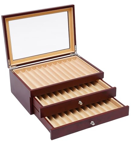 HOARLICN Füllfederhalter Vitrine,Rosenholz Fountain Pen Display Box 3-Stufige Stift-Display-Box Samt Ausgekleidet mit Vitrine Stiftebox Und Griffe für Füllfederhalter 31 X 21 X 12.5cm (Rot)