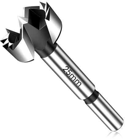 25mm Forstner Drill Bit, Triple-Flute Carbide Tipped Wood Hole Cutter, Heavy Duty Hinge Drill Bit for Hardwood Softwood Plywood Plastic, Precise Centering Tip, Compatible with Hand & Bench Drills