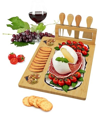 Tagliere Formaggi con Coltelli- Tagliere per Aperitivo Personalizzato con 4 Coltelli, Regalo di Vassoio Aperitivoin Bambù per Casa Nuova, Chef, Natale, Matrimoni, Compleanni, Anniversari