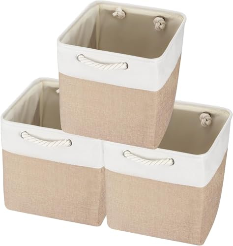 Generisch Zusammenklappbare Stoffbox mit Grifföse, Platzsparende Aufbewahrungsbox für Schränke & Regale, Leichte Faltbox aus Vlies für Küche, Wohnzimmer, Keller (Khaki 3stück, 25x25x25cm)