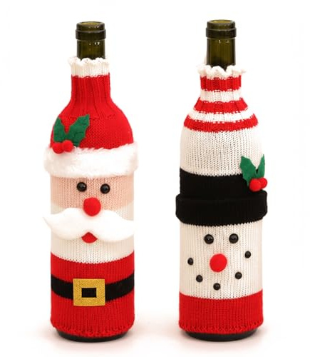 Christmas Wine Bottle Covers (2 Pack) - Santa Bottle Cover & Snowman Cover - Xmas Gifts
