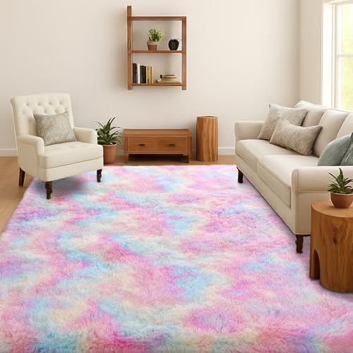 SOANNY Rugs Living Room, Fluffy Tie-Dye Area Rug Rainbow Multi, 120x180cm | Machine Washable, Non Slip, Area Mat, Bedroom Dorm Office Lounge Playroom Nursery Bedside Sofa Kids Room Home Decor Entryway