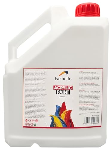 Farbello Acrylfarbe, 2000ml, Hochpigmentiert, Wasserfest, für Leinwand, Holz, Stein, Papier und Metall, Matt (2000ml Weiß)