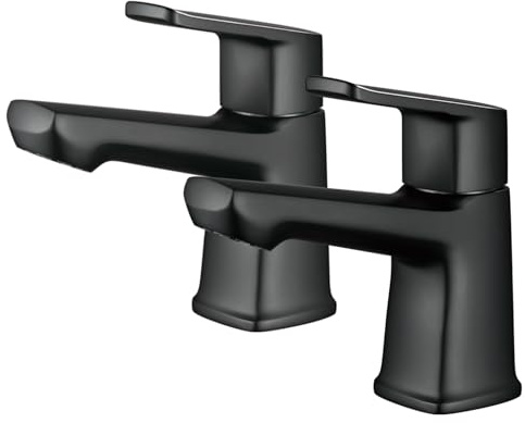 Bathroom Basin Pillar Tap, A Pair of Bathroom Sink Taps, Brass, Matte Black | Modern Design, 2-Hole Wash Basin Deck Mounted, 1/4 Turn, 2 Pcs Faucets, Solid Brass, Elegant & Compact