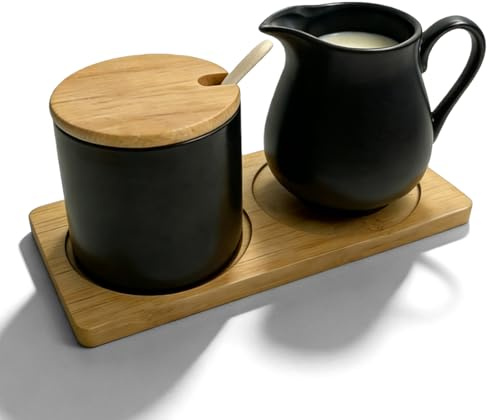 Milch Und Zucker Set, Milchkännchen & Zuckerdose Mit Deckel, Holz Tablett & Löffel, Hochwertige Keramik In Matt Schwarz, für Küche Und Café – BORDEAG, 260 ml