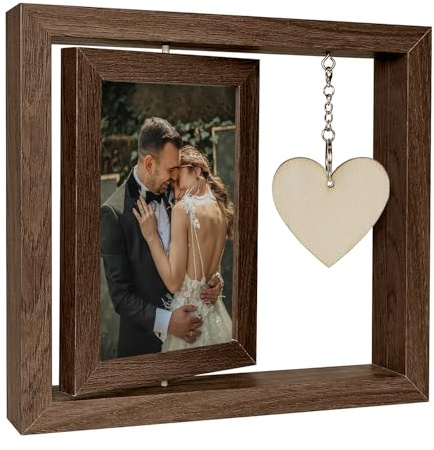 xolear Holzoptik Bilderrahmen Drehbare 10 x 15 cm mit Herzanhänger | 360° Holz Drehbare Fotorahmens, Personalisiert Doppelseitiges Bilderrahmen, Tischbilderrahmen für Festival Geschenk, Braun