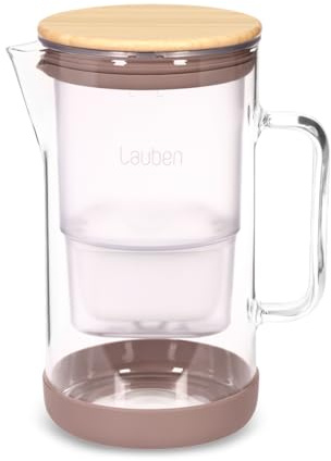 Lauben 25GW - Caraffa filtrante in vetro borosilicato 2,5 l, caraffa con 4 stadi di filtrazione contro calcare, cloro e metalli pesanti, 1 cartuccia filtrante, coperchio in bambù, acciaio inox