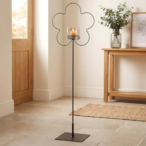 levandeo Boden Kerzenhalter H92cm Metall Blume Schwarz Kerzenständer Teelichthalter Skandi Design Deko Standwindlicht Blumendesign Metallblume