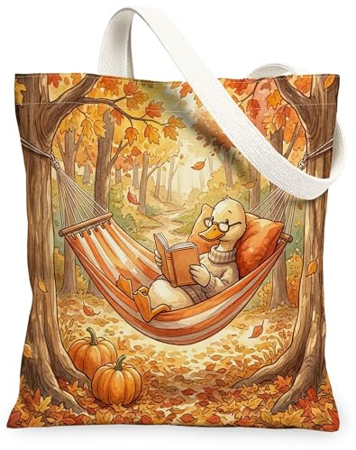 Einkaufstasche aus Segeltuch, Motiv: Herbst-Ente, 33 x 38 cm, lustige Bücher, wiederverwendbare Einkaufstasche für Damen, Herbst-Reise-Muster, Geschenk, Dekoration, 33 x 38 cm