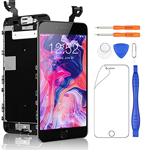 Yodoit for iPhone 6s Plus Screen Replacement Black With Home Button, Front Camera, Earpiece Speaker, LCD Display Touch Digitizer Assembly + Repair Tool, Screen Protector