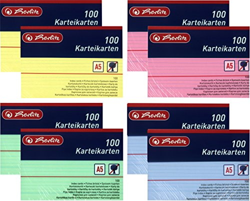 Herlitz Karteikarten A5, 170 g/m², holzfrei, 100er Packung, liniert (Gemischte Farben, 8 Packungen)