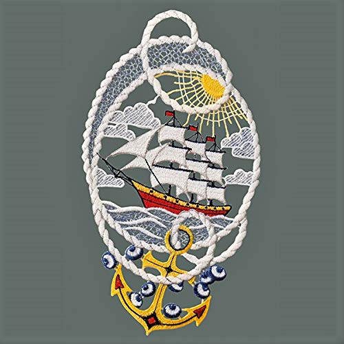 Unbekannt Fensterbild MARITIM Plauener Stickerei Spitze Fensterschmuck Fensterdeko Spitzenbild + Saugnapf (Segelboot 15 x 26 cm)