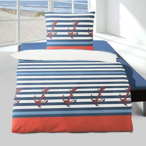 Traumschlaf Seersucker Bettwäsche Anker blau 1 Bettbezug 155 x 220 cm + 1 Kissenbezug 80 x 80 cm