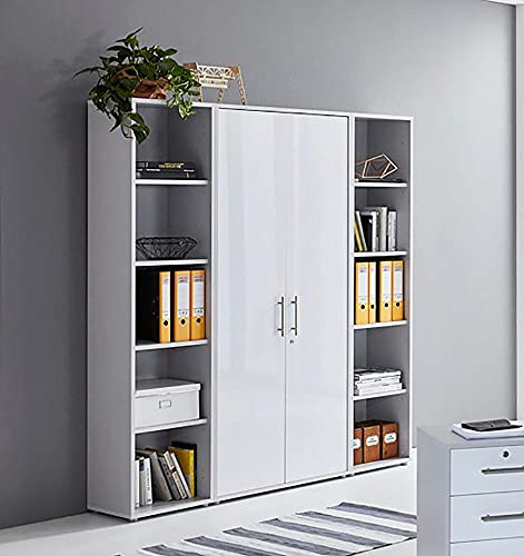 Schrankwand Office Edition abschliessbarer Aktenschrank Büroschrank Büromöbel Regal in Lichtgrau/Weiß Hochglanz (Set 3)