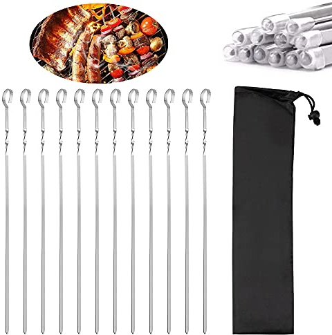 Fanquexy Edelstahl-Grillspieße, 12 Stück, 30,5 cm, flache Metall-Grillspieße, breite wiederverwendbare Kebob-Sticks für Outdoor Marshmallow Braten von Fleisch, Garnelen, Huhn, Gemüse, Hot Dog