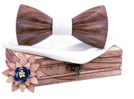 HZQIFEI Jeu de Nœud Papillon, Noeud Papillon en Bois avec Carré de Tissu et Broche en Bois pour Cadeau, Réception, Mariage (C5, 3Pcs)