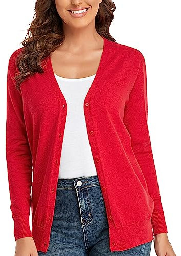 CUNYI Cardigan Donna Scollo a V Maglia con Bottoni Girocollo Classico Manica Lunga Giacca Cappotto Elegante, Rosso S