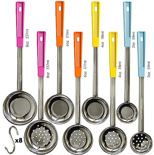 Portion Control Serving Spoons - (8 Piece Set) Restaurant Measuring Serving Ladle Utensils for Weight Loss, Bariatric Gastric Sleeve, Includes 2, 4, 6, 8 oz Solid & Perforated Scoops, 14-1/4 Long