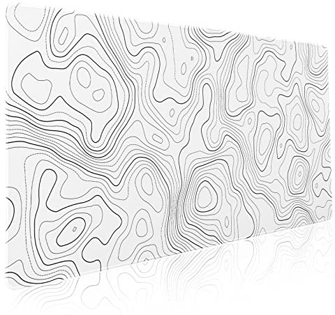 Grand tapis de souris pour gaming motif lignes de carte topographique, dos antidérapant en caoutchouc et bords cousus, blanc, taille XXL, 90 x 40 cm