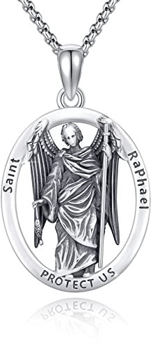 REDSUN Religiöser Amulett Halskette 925 Sterling Silber St.Raphael Erzengel Kette Saint Raphael Halskette Amulett Christliche Kette Schmuck Geschenk für Herren Damen