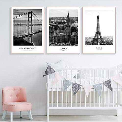 GEMMII Mehrere Größen Leinwand Bilder Modern New York London Paris City Wandkunst Landschaftsposter Schwarz-Weiß-Bilder für Wohnzimmerdekoration 50 x 70 cm x 3 Rahmenlos