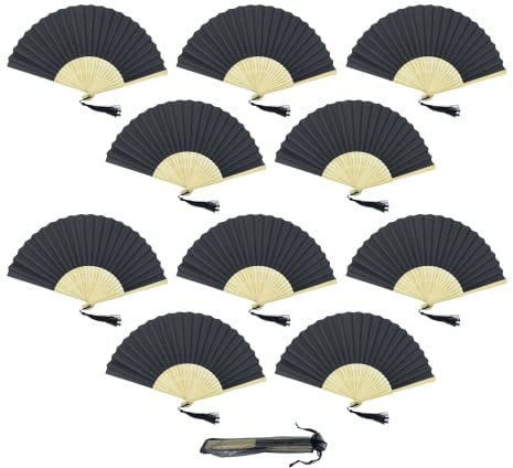 Pack of 10 Paper Handheld Folding Fan with a Tassel and Grade A Bamboo Ribs for Women Girls Summer Party Favour Birthday Wedding Gift (Black)