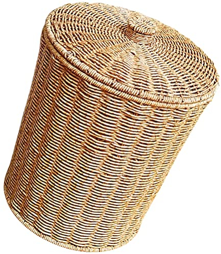 Healeved Imitation Panier à Déchets en Osier Tissé - Poubelles De Bureau avec Couvercle, Grand Panier à Linge pour Bureau, Chambres - Corbeille Papier(33,5 x 28 x 28 cm)