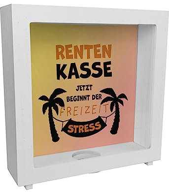 Rentenkasse - jetzt beginnt der Freizeitstress Rahmen Spardose aus Holz als lustige Geschenkidee für den Renteneintritt von Kollegen und Großeltern mit Palmenmotiv