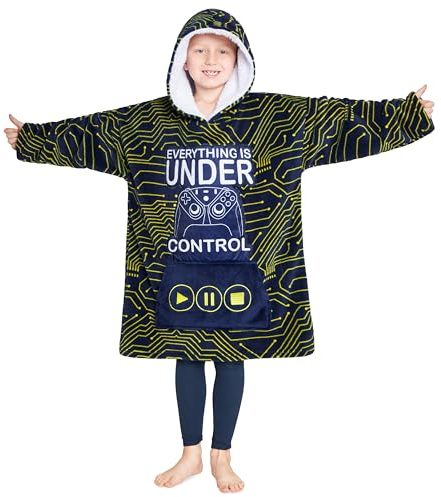 CityComfort Felpa Coperta Bambino - Felpe Oversize con Cappuccio in Morbido Pile Taglia Unica - Regalo per Gamer (Navy/Giallo)