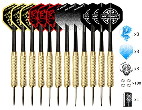 FOX SMILING 12 Stück Dartpfeile Steeldart 18g Steel Darts Pfeile Profi Mit Metallspitze, 9 Dart Flight, 100 Schäfte Spring O Rings,Stone Sharpener Grinder