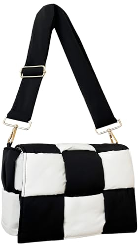 NAARIIAN Schultertaschen für Damen, leichte kleine Puffer-Geldbörsen, wasserdicht, handgewebte Puff-Tasche, Umhängetasche, Weiß, Schwarz, Small