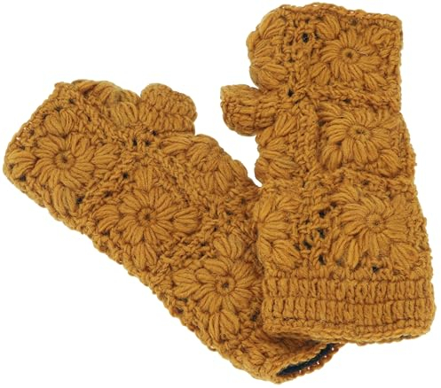 GURU SHOP Gehäkelte Handstulpen Blümchen, Armstulpen aus Schurwolle, Pulswärmer - Mustard, Herren/Damen