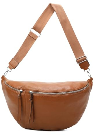 OBC Damen Tasche Crossbody Brusttasche Hüfttasche Schultertasche Umhängetasche Bauchtasche Gürteltasche Crossover Reisetasche Body Bag Kunstleder Cognac XXL