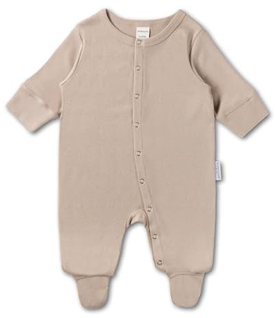 Hofbrucker Baby Schlafanzug aus 100% Bio Baumwolle, Kuschelig weicher Langarm Pyjama mit Füßen, Atmungsaktiver Newborn Strampler für Jungen und Mädchen in Größe 62/68 in Taupe