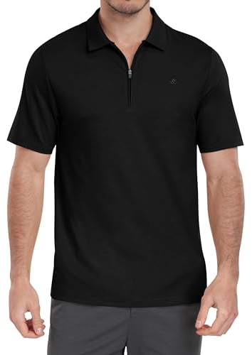 MoFiz Herren Poloshirt Kurzarm Baumwolle Polohemd Verdeckter Reißverschluss Kragen Atmungsaktiv Sommer Sport Golf Polo Arbeitsshirt Schwarz EU L