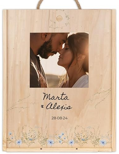 Wanapix | Caja de Vino Personalizada con Fotos y Textos | Caja de Madera con Tapa Corrediza y Asa | Capacidad 3 Botellas | Regalo Boda | 29,5 x 37,5 x 10,5 cm