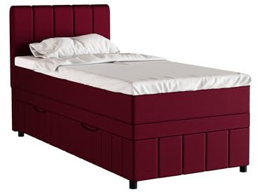 PANDA MÖBEL Homesy Avalon Boxspringbett 90x200 cm, Doppelbett inklusive Matratze und Topper, Polsterbett mit Bettkasten, Komfortables Boxspringbett für das Schlafzimmer, rot